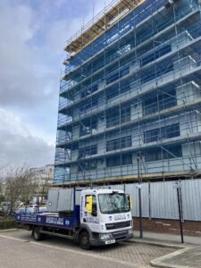 Central Milton Keynes office to apartments conversion and merlin scaffolding van