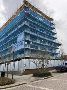 Scaffolding at office to apartment conversion in Central Milton Keynes