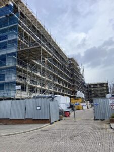 Site entrance at scaffolding in central Milton Keynes